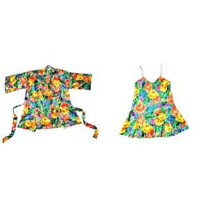 Vtg VICTORIA'S SECRET Colorful Floral Satin Robe Gown Set Sz Small Two Pieces